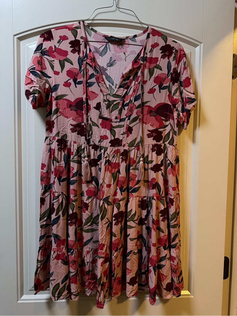 Pink Floral V-Neck Tiered Mini Dress with Tassel Tie